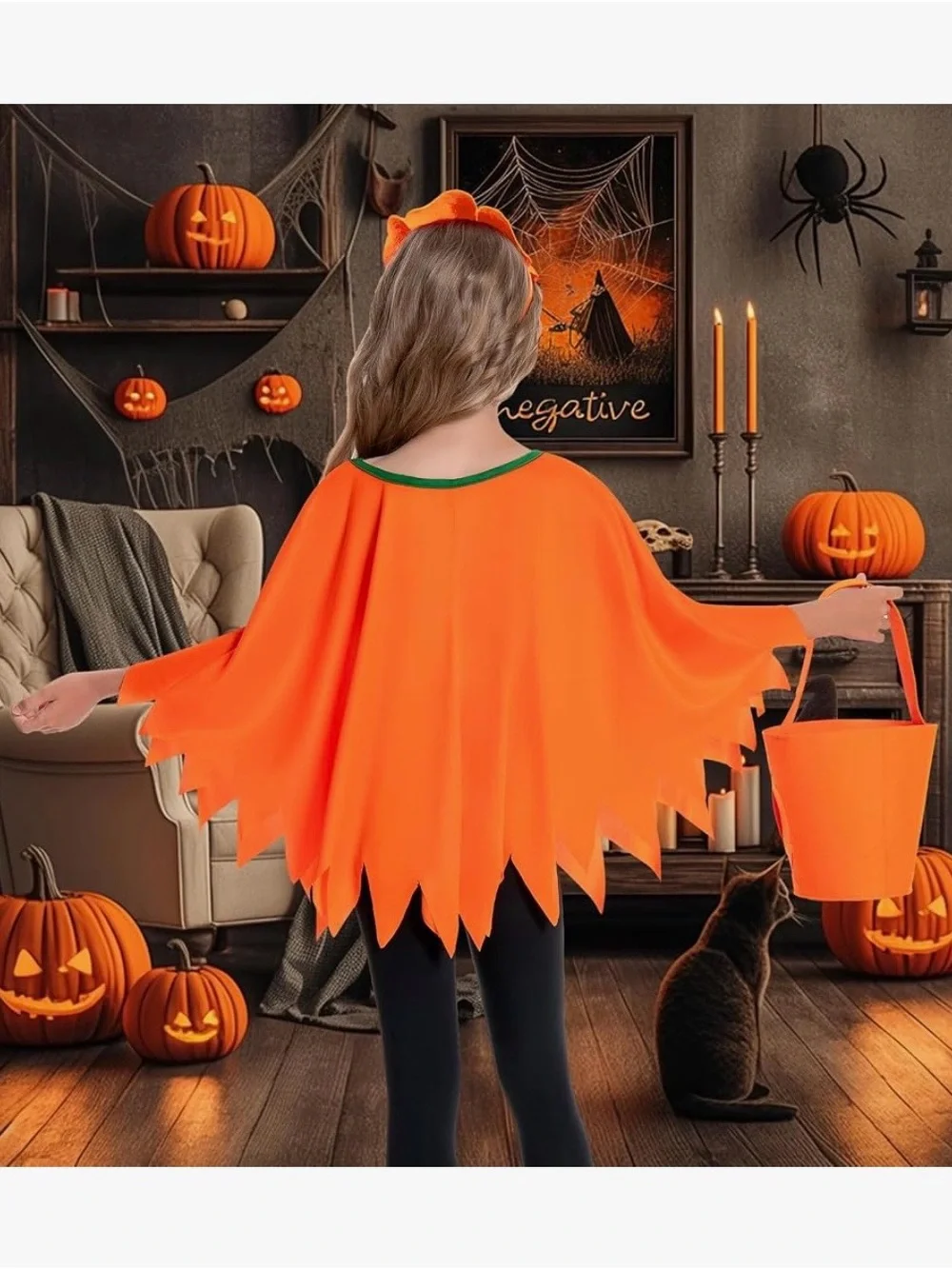 Kids Orange Pumpkin Poncho Costume with Headband and Treat Bag Size Small